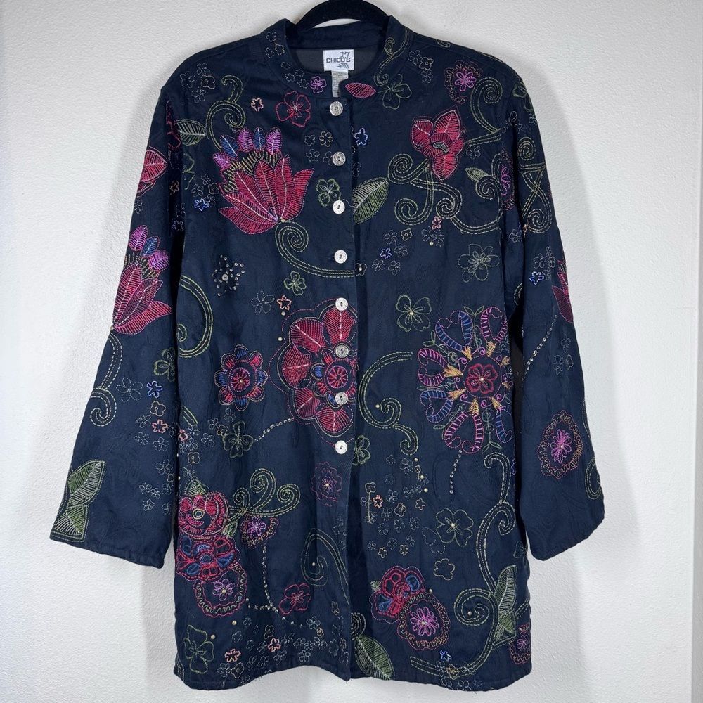 Chico's Artsy Embroidered Jacket Colorful Floral Beaded Studs Black Long Medium
